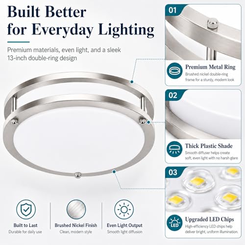 Image of 2-Pack 10Inch Flush Mount Ceiling Lights, 30W 3200lm Super Bright LED 2700K /3000K /4000K /5000K /6500K Adjustable Dimmable Ceiling Light, Brushed Nickel Light Fixture for Closet Kitchen Hallway Bathroom