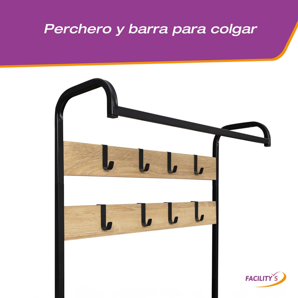 FACILITYS - Zapatero con 2 puertas para 12 pares con perchero de metal y efecto madera - 180 x 63,5 x 23,5 cm - Zapatero Entrada Recibidor - Burro Ropa - Barra de Colgar - Estilo Vintage