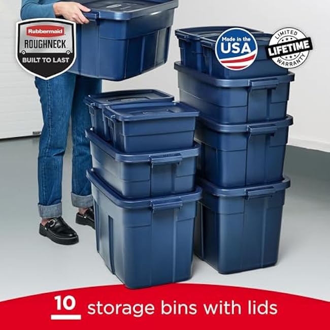 Rubbermaid Roughneck Tote Variety - |Made in the USA| Dark Indigo Metallic, Rugged Plastic Stackable Storage Tote with Lid and Handles (Pack of 10)