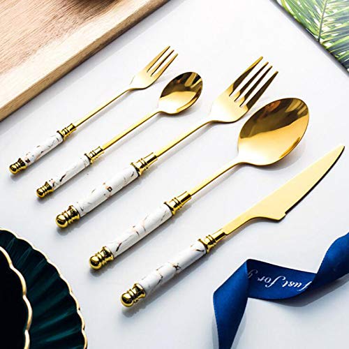 Ensemble de couverts en argenterie, 30 pièces, ensemble, vaisselle, manche céramique marbre, couteau, fourchette, cuillère, à steak, dessert, lavable au lave-vaisselle, vert