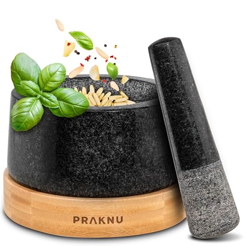 Praknu Mortier Pilon Cuisine en Granit 15 cm – Pilon Extra Long & Base Élégante en Bois FSC® – Parfait pour Épices, Herbes ou Noix – Facile à...