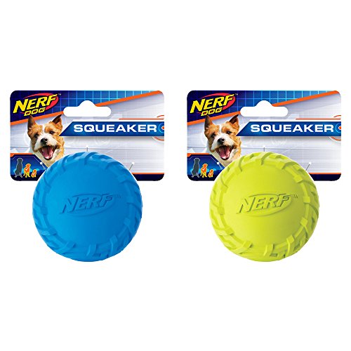Nerf Dog Tire Ball Dog Toys with Interactive Squeaker, Lightweight, Durable and Water Resistant, 2.5 Inches, For Small/Medium Breeds, Two Pack, Blue and Green