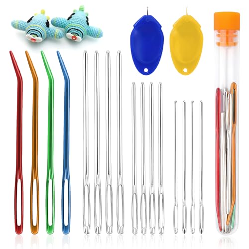 Agujas Romas Ojo Grande - Juego de 18 Agujas de Relleno de Lana con Enhebrador - Agujas de Coser de Aluminio para Tejer y Coser a Mano - Incluye Agujas Rectas y de Tapiz