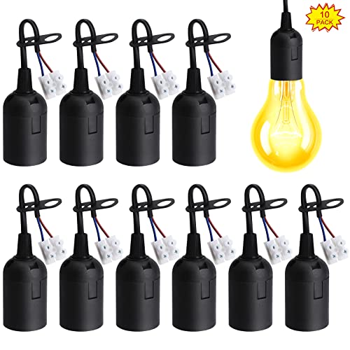10 Pieces E27 Lamp Socket, Black E27 Screw Lamp Holder Waterproof Light Bulb Socket Holder with Wire for Indoor DIY Light