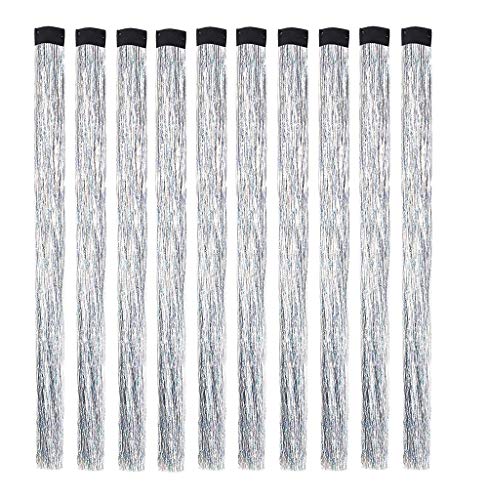 Liasun 10Pcs/Set Highlight Glitter Tinsel Hair Extensions Clip In - Colored Party Sparkling & Shiny Hair Extensions - Multi-Colors Hair Streak Bling Hairpieces (Silver) #TOP1