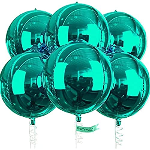 PartyWoo Ballons Verts, Paquet de 6 Ballons en Aluminium Vert Foncé, Ballons en Aluminium Géants 4D de 22 Pouces Ronds et Ruban, Grands Ballons, Ballons en Aluminium pour Décorations d'Anniversaire
