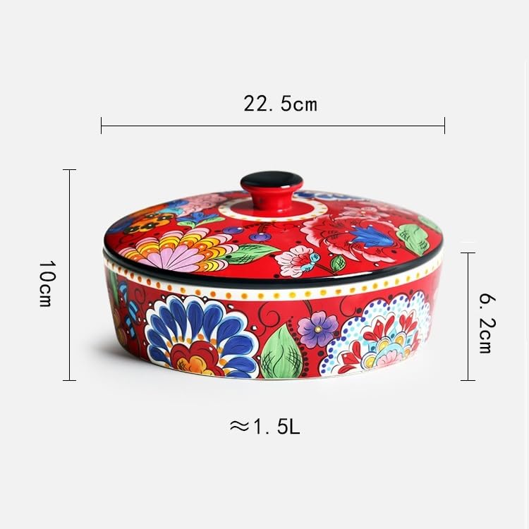 Żywa czerwona ceramiczna miska z pokrywką w kwiaty - 1,5 l/50 oz dekoracyjna misa do serwowania sałatek, zup, owoców i makaronu - ręcznie malowany styl, dekoracja kuchni