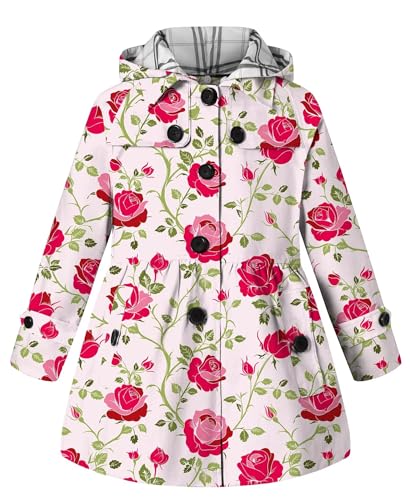 Image of BINPAW Long Sleeves Vintage twill Print Hooded Hoodie Trench Coat Outerwear Windbreaker for Little Girls & Big Girls, 1# Rose White, Age 3T-4T (3-4 Years) = Tag 110