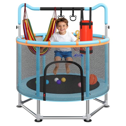 55 Kids Trampoline with Safety Net Full Wrap-Around Double Ring Legs 440 lbs Toddler Trampoline with Adjustable Gymnastics Bar & Play Accessories Indoor Outdoor Trampoline for Kids Ages 18 Blue