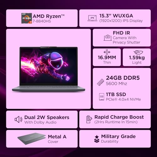 Lenovo IdeaPad Slim 3, AMD Ryzen 7 8840HS, 24GB RAM, 1TB SSD, WUXGA IPS, AI PC, 15.3"/38.8cm, Backlit Keyboard, Windows 11, Office Home 2024, Grey, 1.6Kg, 1Yr ADP Free, 83KA004TIN, AI Powered Laptop view 2