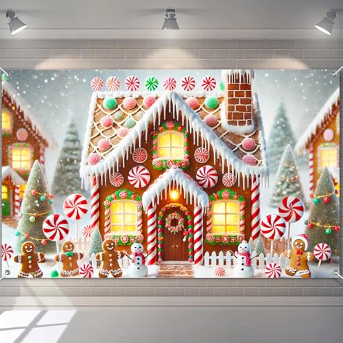 BlissYard Christmas Banner Gingerbread House Peppermint Candy Cane Snowman Holiday Winter Wonderland Party Wall Decor Backdrop for Home Indoor Outdoor Photo Prop 71 X 43 Inches Large Banner