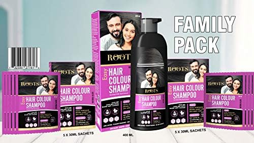 Family Pack (400ml bottle + five travel sachets - 30 ml each + Five Travel Sachets-30ml each) - Natural Black Instant Hair Color Shampoo For Men & Women