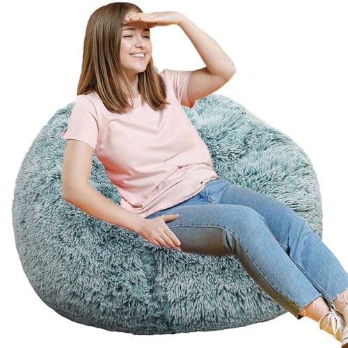 Image of Fluffy Bean Bag Chair, 3FT Round Memory Foam Filled Bean Bag for Teens & Kids, Ultra Soft Faux Fur Fabric Bean Bag Chairs for Playroom, Living Room, Bedroom, Dark Green