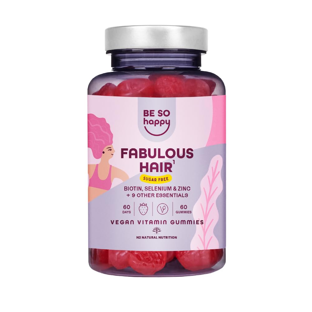 Gummies pousse Cheveux, Biotin Cheveux 6000 µg, 60 Jours, avec Sélénium, Zinc et de Vitamines A, B6, B12, C, D, E, Goût de Fraise, Vegan, BeSoHappy