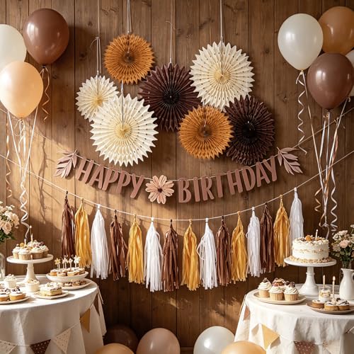 Image of Brown Birthday Party Decorations for Women Neutral Boho Happy Banner Banner Brown Cream Honeycomb Paper Fans Hanging Tassel Garland Rustic Wedding Baby Shower Western Cowboy Party Supplies