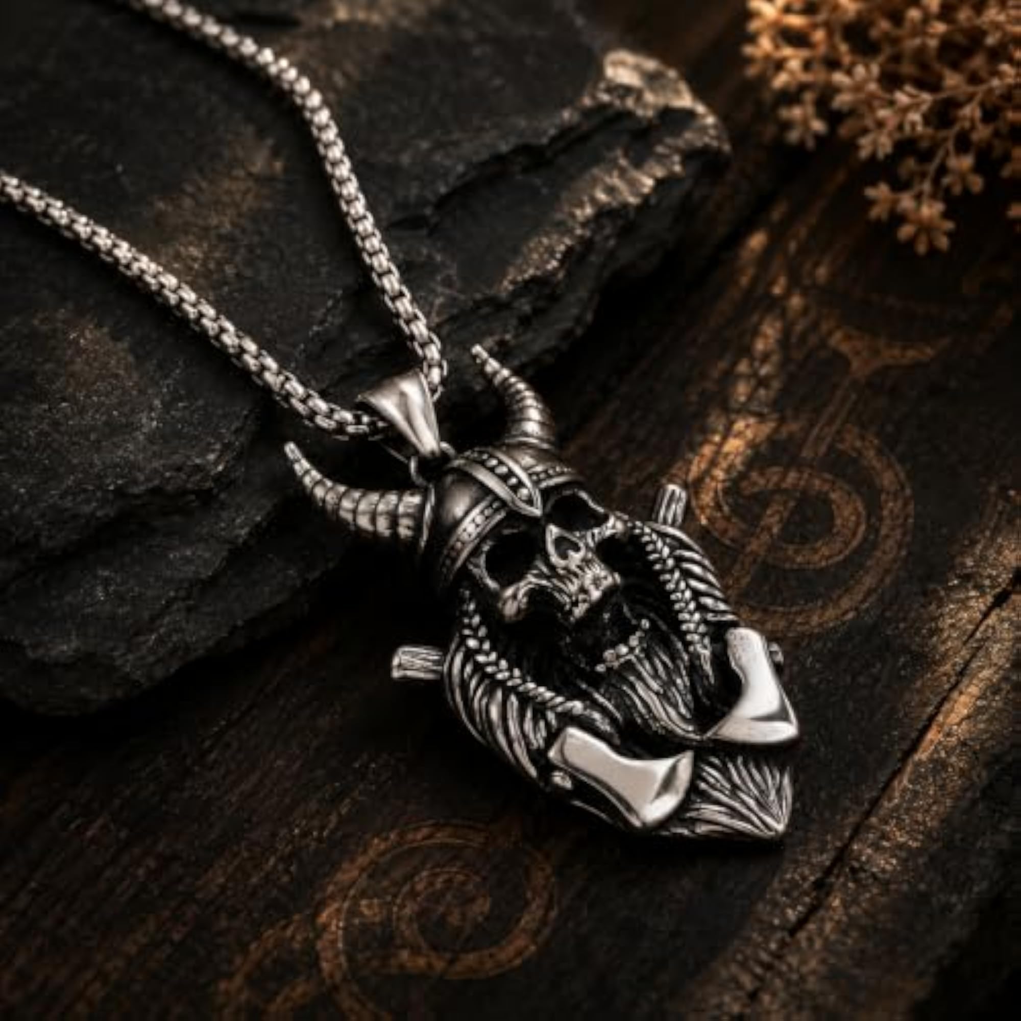 Men's Viking Skull Pendant Necklace, Gothic Biker Chain
