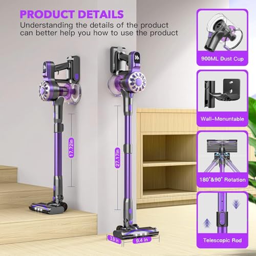 Image of Cordless Vacuum Cleaner, 6 in 1 Lightweight Stick Vacuum with Rechargeable Battery, Handheld Conversion, LED Headlights & 180 Swivel Brush, for Hardwood Floor Carpet Pet Hair Stairs Car(Light Purple)