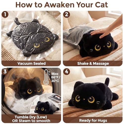 Mewaii Niedliches schwarzes Katzenplüschkissen, Kawaii Plüschtiere Schwarze Katze, Squishy Plüschtiere, Kuschelplüschkissen für Kinder & Mädchen (20 Zoll)