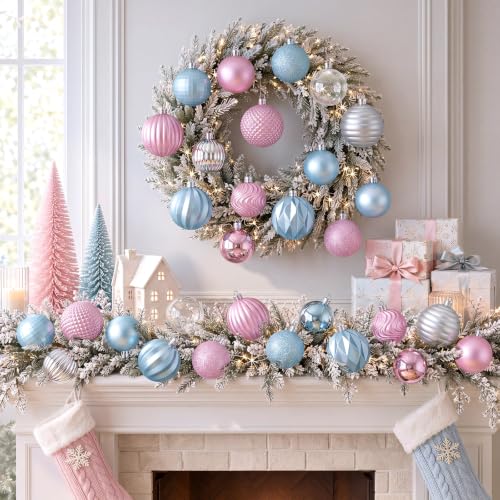 Image of Lunmon 64 Pcs Pastel Christmas Ball Ornaments Pink Blue Silver Xmas Bulbs