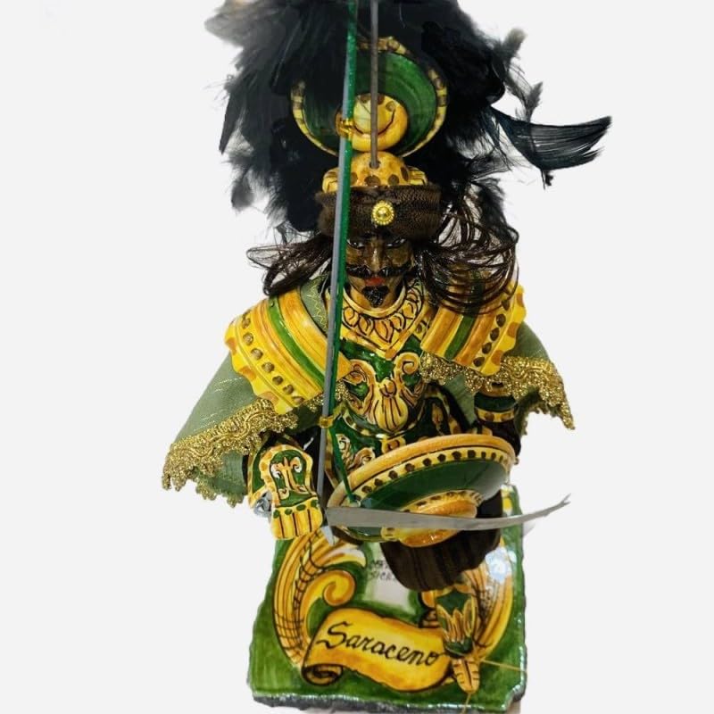 SICILIA BEDDA CAPACI Sizilianische Marionette, Paladin aus Caltagirone-Keramik – karolingische Linie – Sockel aus Lavastein – SARACENO – 55 x 20 cm