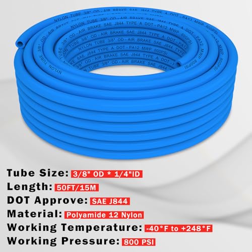 Image of CheeMuii 50 FT 3 /8 inch DOT Air Line Blue 3 /8 PA12 Nylon Pneumatic Tubing 15.2 Meter 3 /8 Inch OD Pneumatic Air Tubing Pipe Hose Line for Semi Truck Trailer or Industrial Air System