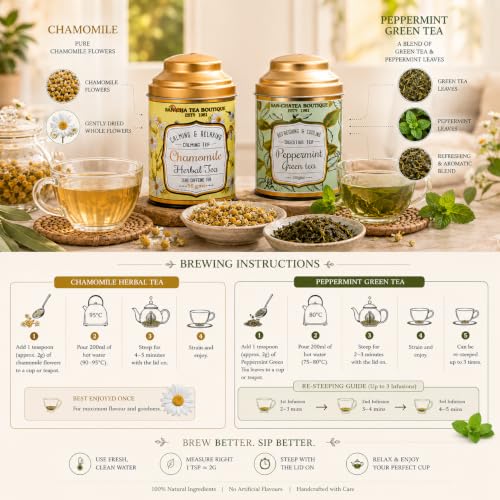 Image of Sancha Tea Boutique, Tea Combo Pack, Chamomile Herbal Tea (50g) & Peppermint Green (100g), Loose Leaf Blends, Caffeine Free Herbal Tisane & Refreshing Calming Drinks