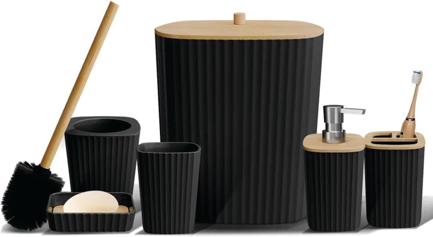 MK&S 6-pcs Bathroom Accessory Set, Bath Ensemble Sets Accessories with Wooden Lid, Toothbrush Cup & Holder, Soap Dispenser, Soap Dish, Durable Toilet Brush with Holder - Modern Trash Can (Black)