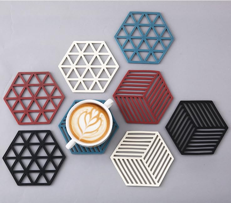 Salvamanteles para Ollas Calientes, Protector de Sartenes de Silicona, Posavasos Lavable, Posavasos Antideslizante, Formas Geométricas, 4 Unidades, 4 Colores Diferentes.