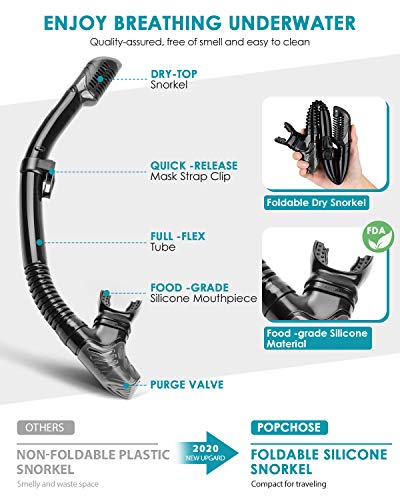 POPCHOSE Snorkel Set Silicone Snorkeling mask Set for Adults and Youth, Foldable Dry Top Snorkel Anti-Leak Anti-Fog Adjustable Diving Mask Gear Mesh Bag for Snorkeling, Diving, Swimming - Thumbnail 5