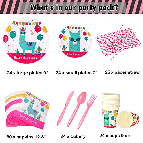 Llama Cactus Party Supplies Set For Girls-24 Guests- Alpaca Theme Kids Birthday Party Tableware, Include Plates Cups Banner Balloons Cutlery Tablecloth Napkins Straws #TOP1