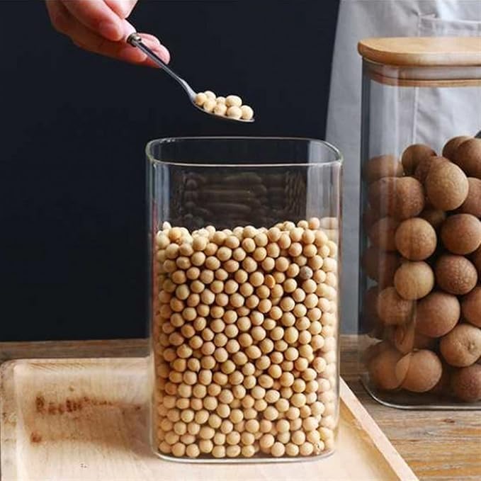 Image of Airtight Glass Storage Canister With Wooden Lid, Square Containers For Storage With Bamboo Lid, Kitchen Jars For Nut Coffee Beans Flour Rice Sugar Tea Storage (1500Ml, Set Of 3)