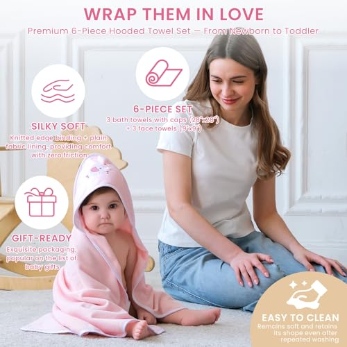 Image of Softan Baby Hooded Towels and Washcloths Set 6 Pack, 28x28 Ultra Soft & Absorbent Baby Bath Towels for Newborn Infant Toddler, Unisex Boys Girls (Pink Elephant)