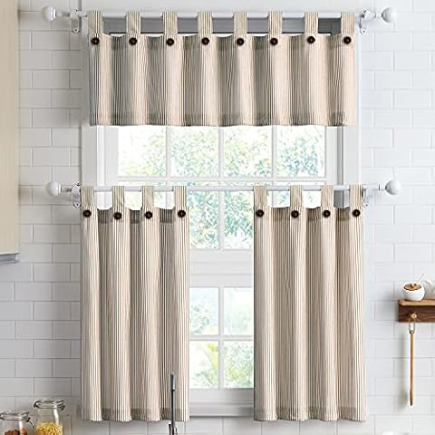 3-Piece Cotton Tier Curtains 36 Inches Long Country Kitchen Curtains Set Tab Top for Small Window Bathroom Farmhouse 56" x 36", Linen Cover