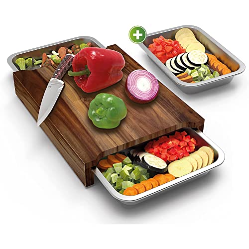 Liebspecht Juego de tablas de cortar prémium de acacia con 3 bandejas recogedoras [extra grandes] tabla de cortar de acacia con bandeja colectora [versión mejorada 2021]