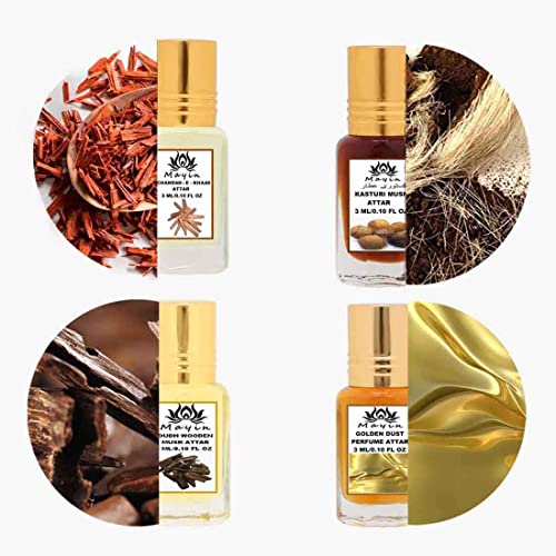 Image of Mayin Golden Dust, Kasturi Musk, Chandan-E-Khass, Oudh Wooden Musk Spray (Natural Itra /Attar /Perfume) Attar Gift Pack For Unisex, 12ml (Pack Of 4)