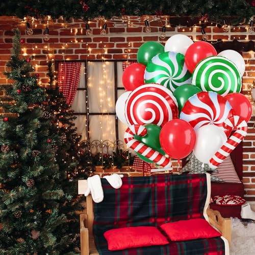 Christmas Balloons, 12 Inch Red Green White Latex Xmas Balloon with Large Candy Cane Windmill Foil Balloons - Image 4