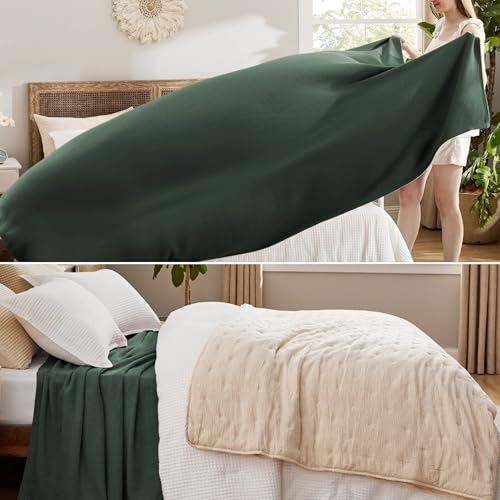Image of Bedsure 100% Cotton Blanket, Herringbone Weave, Oversized King, Dark Green