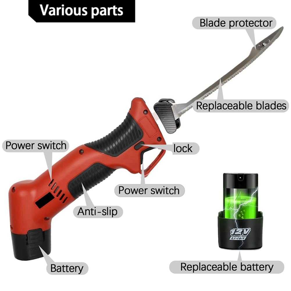 Coltello Elettrico Ricaricabile per Sfilettare con 4 Lame Antiaderenti In Nitruro di Titanio e 2 Batterie Ricaricabili, Spina UE