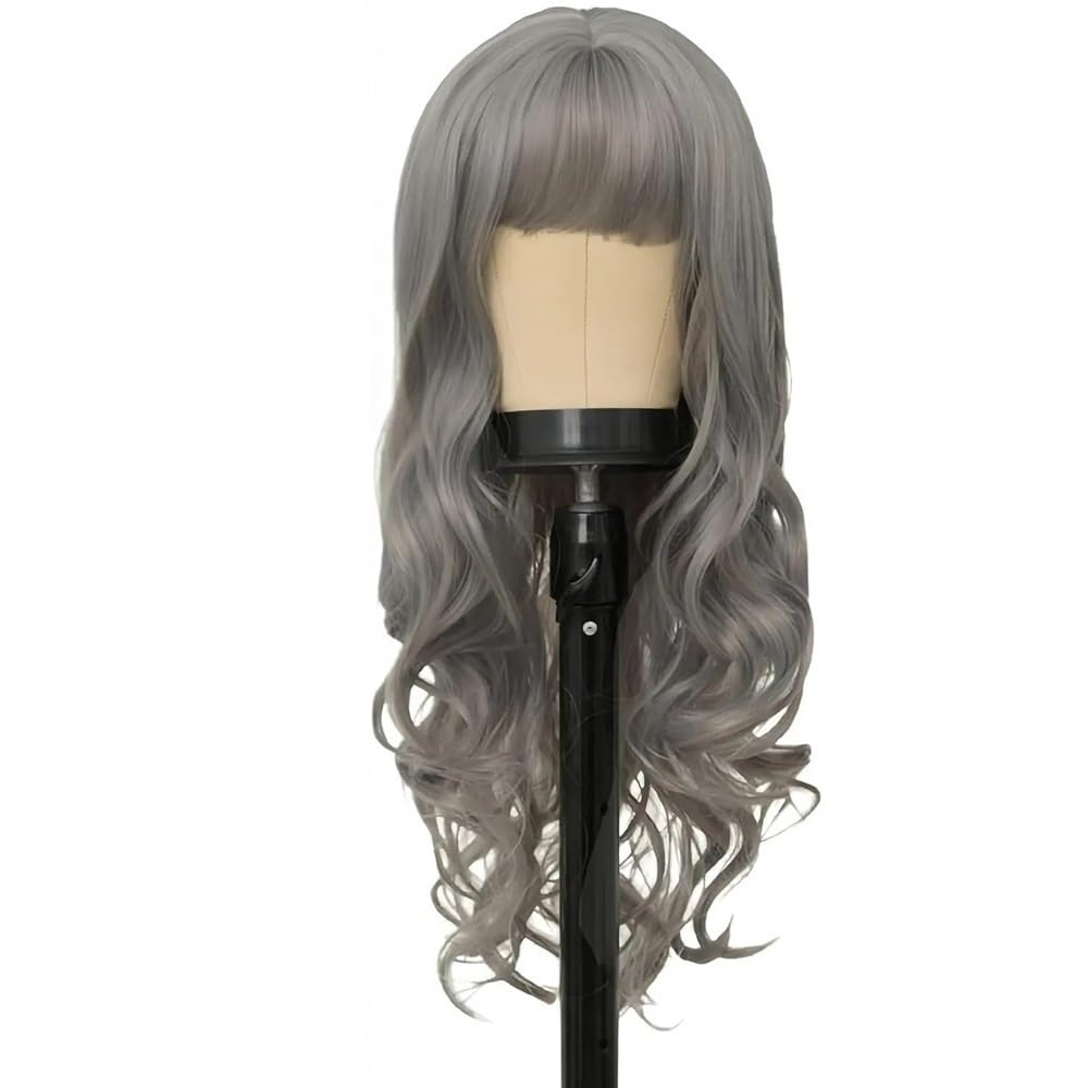 xiuling4568 Wig with Bangs for Women，Long Wavy Natural Looking Synthetic Hair Wigs for Daily Party Costume, 26 inch Hairs Extensions(Dark gray)