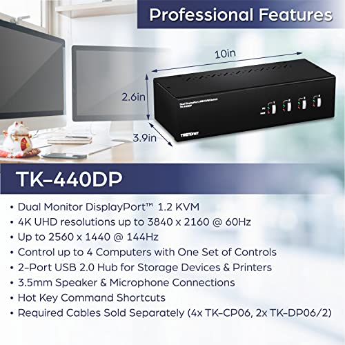 Image of TRENDnet 4-Port Dual Monitor DisplayPort KVM Switch With Audio, 2-Port USB 2.0 Hub, 4K UHD Resolution Up To 3840 x 2160, Connect 4 DisplayPort Monitors, Dual Monitor 4 Port KVM Switch, Black, TK-440DP