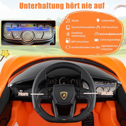 COSTWAY Elektroauto für Kinder, Lamborghini Revuelto, 12V Elektro Kinderauto mit LED Scheinwerfer & Hupe & Musik, 3-5 km/h, Elektrofahrzeug für Kinder ab 3 Jahren, inkl. Fernbedienung (Orange) – Bild 6
