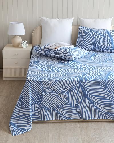 Image of HOMEMONDE Single Size Bedsheet | Cotton Flat Sheet with One Pillow Cover | 186 TC |Feather Design| All-Season Soft Bedsheet for Single Bed (60 x 90 Inch /152 x 229 cm, Blue Feather)
