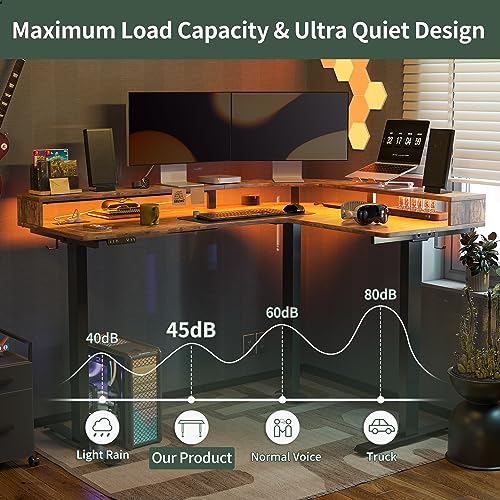 Image of FEZIBO L Shaped Standing Desk with Arc LED & Power Outlet, Exclusive Uprated 3 Motors Support 330LBS, Electric Height Adjustable L Shaped Desk with Large Monitor Stand, for Home Office, Rustic Brown