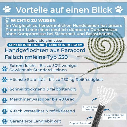 Testnote: Sehr gut - Hundeleine reflektierend I 2m, verstellbar, wetterfest & reißfest bis 250 kg I Paracord Führleine, Umhängeleine I kleine - große Hunde