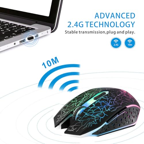 TENMOS M2 Wireless Gaming Mouse, Silent Rechargeable Optical USB Computer Mice Wireless with 7 Color LED Light, Ergonomic Design, 3 Adjustable DPI Compatible with Laptop/PC/Notebook, 6 Buttons (Black) by TENMOS - Image 4