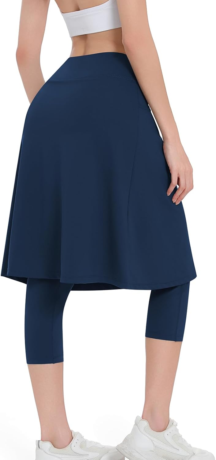 Women Athletic Knee Length Skirts with Leggings,Yoga Skorts Leggings with Arc-Shaped Pockets&Women Skirted Capris Skorts