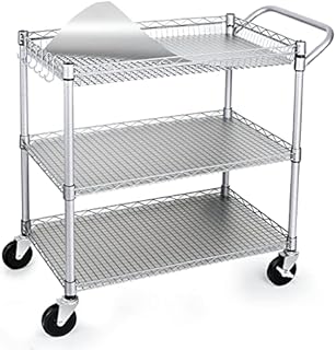 WDT Commercial Grade Heavy Duty Utility Cart 990Lbs Capacity, 3 Tier Wire Rolling Cart with Wheels, Metal Service Carts with Handle Bar,Shelving Liners,Hooks for Kitchen, Restaurant