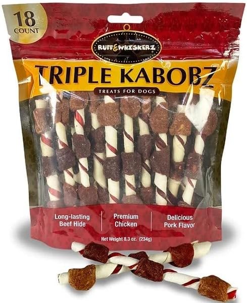 KTR Ruff & WHISKERZ Triple Kabaobz - Golosina de cuero crudo para perro | Hecho con piel de res real y pollo | Satisface a los perros que desean