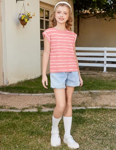 Image of Arshiner Girls T Shirts Cap Sleeves Casual Summer Tops Crewneck Tank Loose Fit Fashion Blouse Tee