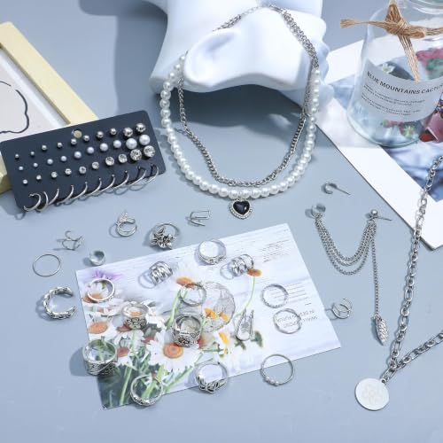 Image of NEWITIN 45 Pieces Silver Jewelry Set for Women Party Costume Punk Jewelry Set Goth Grunge Y2k Accessories Vintage Gothic Necklaces Bracelets Earrings Rings for Women Men